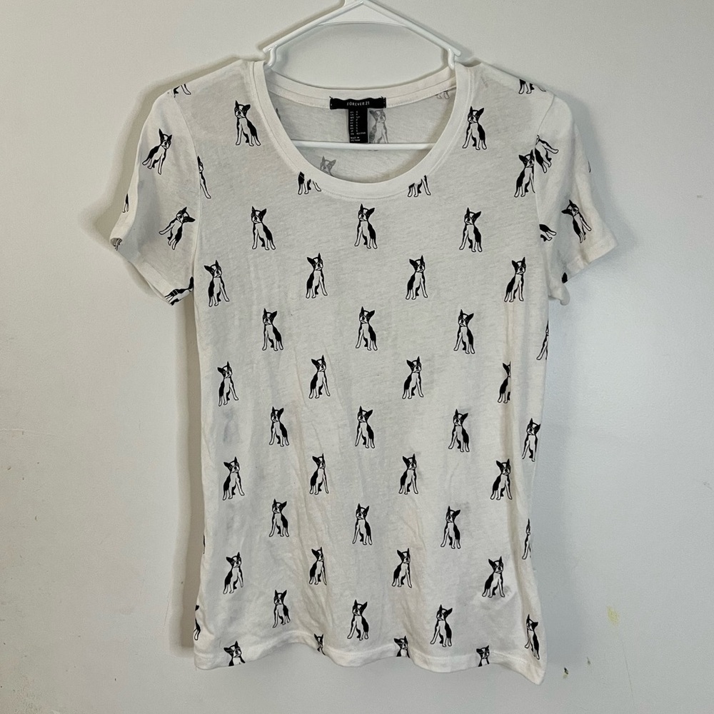 Forever 21 White & Black French Bulldog T-shirt - Size S